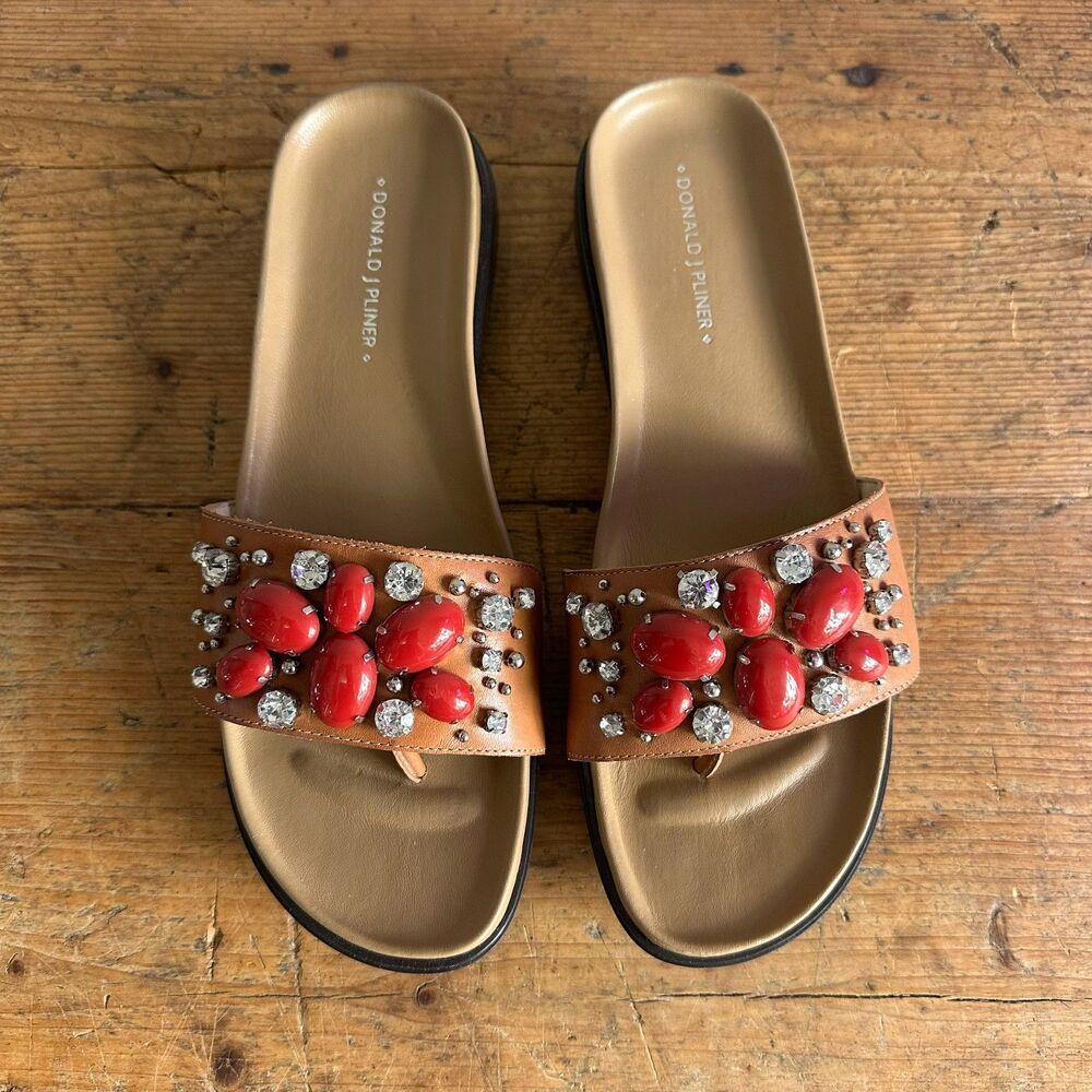 Donald J. Pliner Holly Slide Sandals Embellished Stone Crystal Tan Leather Sz 10